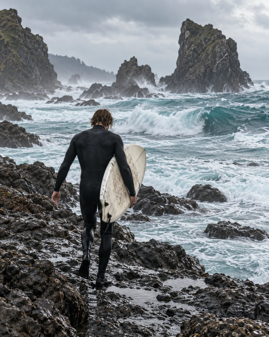 A surfer carrying a board towards a rocky coastline